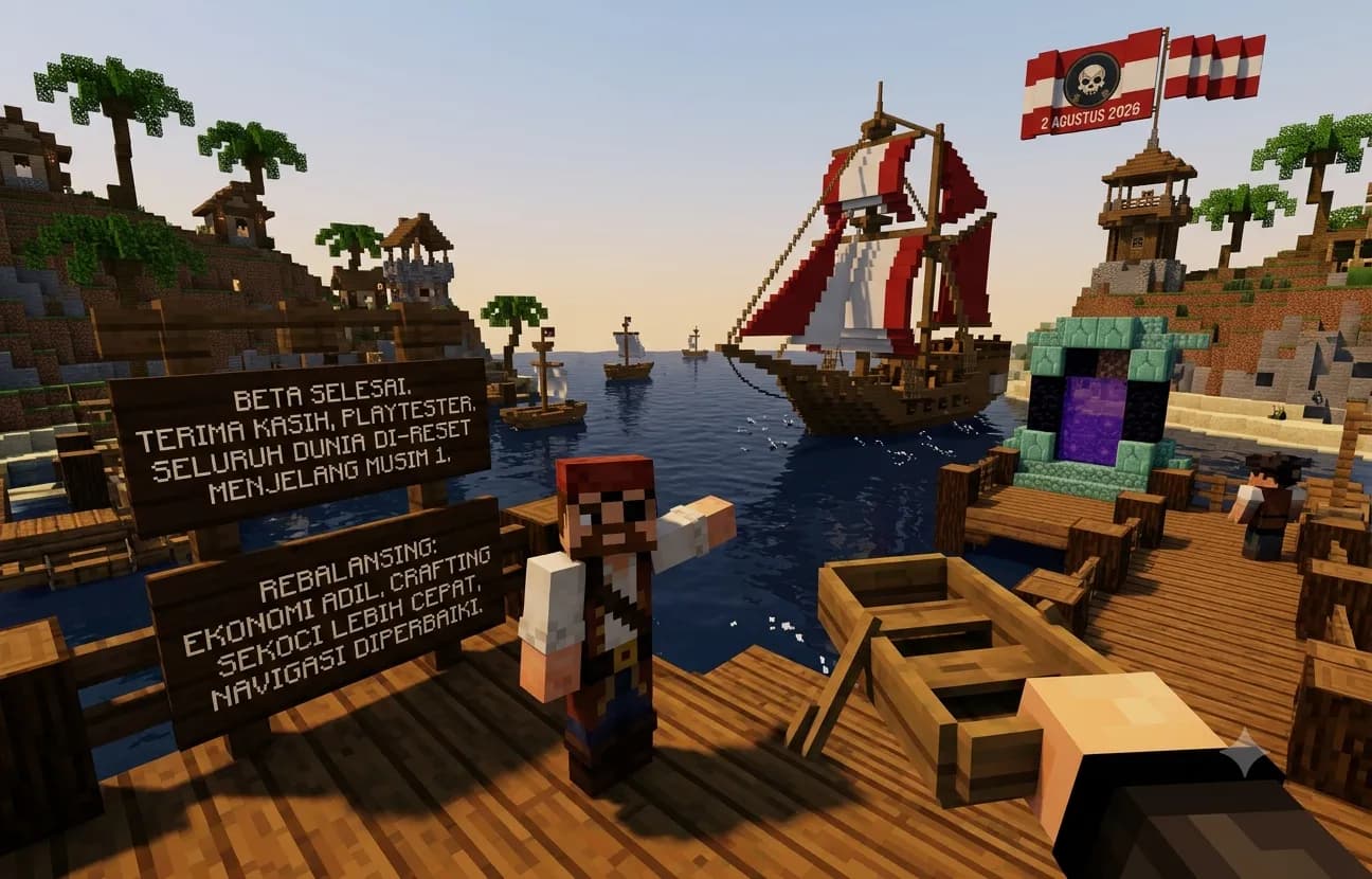 Papan pengumuman akhir beta di dermaga Untung99 — rangkuman rebalancing ekonomi, crafting, dan navigasi.