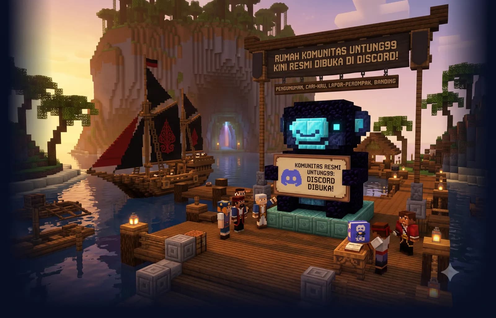 Perayaan pembukaan Discord komunitas Untung99 di pelabuhan, dengan spanduk kanal pengumuman dan cari-kru.