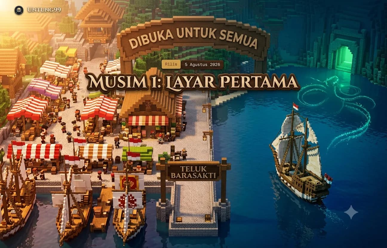 Pengumuman pembukaan Musim 1 Layar Pertama — pasar dan pelabuhan Teluk Barasakti yang ramai di server Untung99.