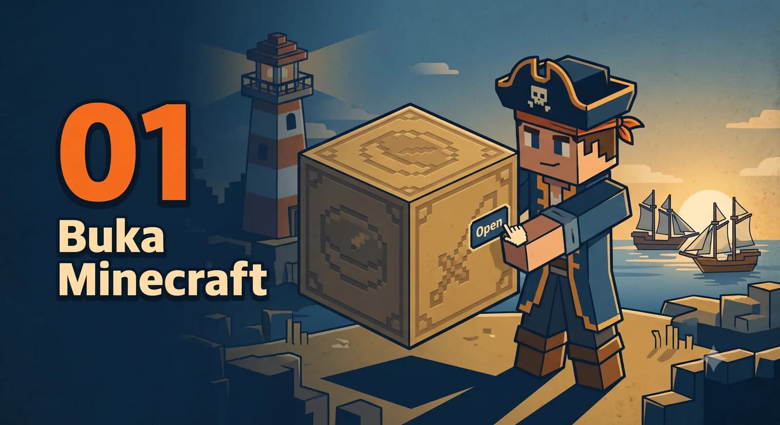 Langkah 1: buka aplikasi Minecraft — karakter perompak menekan tombol Open di peti bertanda logo game.