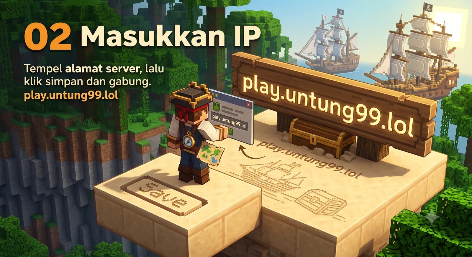 Langkah 2: masukkan alamat server play.untung99.lol pada menu tambah server Minecraft.